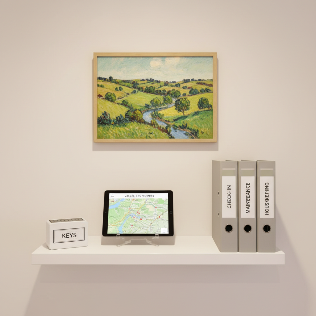 A meticulously organized concierge control corner inside a rental property, showing a sleek white shelf with a labeled lockbox for keys, a tablet on a stand displaying a local map of the Vallée des Peintres, and neatly aligned binders titled “Check-in”, “Maintenance”, and “Housekeeping”. The wall behind is painted in a soft warm white, with a subtle framed landscape artwork referencing Impressionist countryside scenes. Even, diffused artificial lighting from an overhead fixture creates a bright, shadow-free environment. Photographic realism, captured straight-on with sharp focus throughout for a documentary feel. The atmosphere is efficient and highly professional, underscoring structured processes and reliable management for owners who want to rent with complete peace of mind.