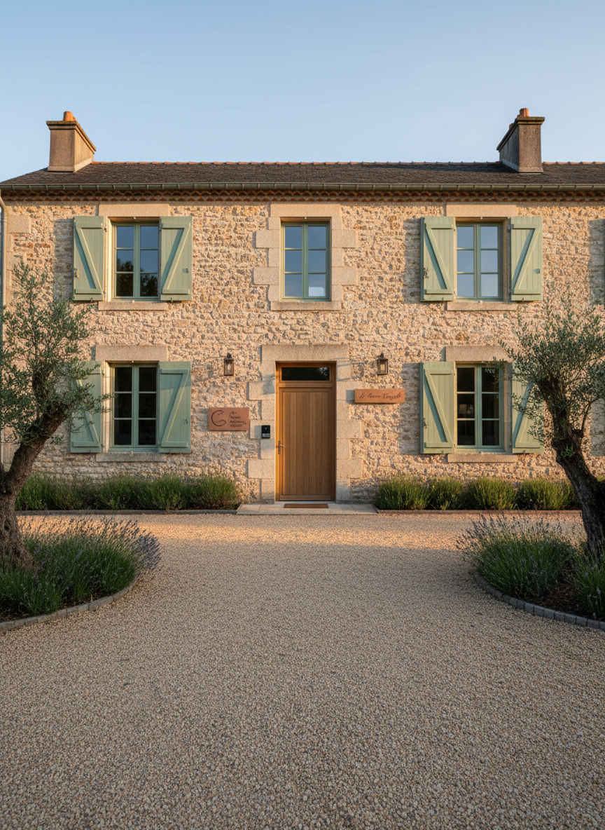 A spacious, tastefully renovated stone house exterior in the Vallée des Peintres, with freshly painted shutters in muted sage green and a solid wooden front door featuring a brushed-steel smart lock and an elegant nameplate. A small, unobtrusive plaque beside the door bears a minimalist logo of a tourism concierge service. Soft golden hour sunlight bathes the façade, enhancing the stone texture and casting long, gentle shadows across the gravel path. Photographic realism, captured from a slightly low angle to give the house presence, with sharp focus on the entrance details. The mood is confident and inviting, conveying security, professionalism, and high-end property care for holiday rentals.