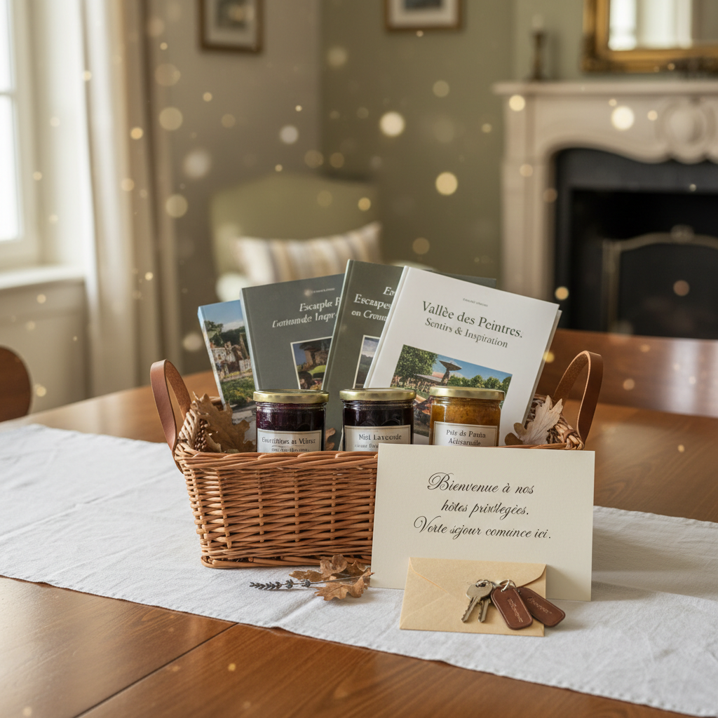 A detail shot of a high-end welcome basket curated by a tourist concierge service, placed on a linen-covered dining table in a charming country rental. The basket includes artisanal jams, local guidebooks about the Vallée des Peintres, a tasteful printed welcome letter, and a small envelope containing clearly tagged keys. Soft morning light enters from a nearby window, creating gentle highlights on glass jars and paper textures, while the background fades into a creamy bokeh of the room’s muted decor. Photographic realism with a warm, inviting color palette, captured from a slightly elevated close-up angle. The mood is refined, caring, and attentive, emphasizing thoughtful guest experiences that enhance the property’s value and reassure owners.