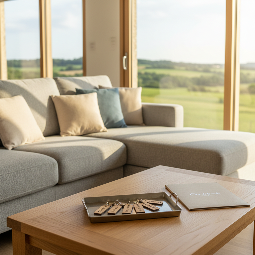 An impeccably tidy, sunlit vacation rental living room styled for a professional photoshoot, with a plush light-gray sofa, coordinated cushions, and a low oak coffee table bearing a small tray with labeled keys and a discreet folder marked “Conciergerie”. Large windows reveal a soft, green countryside landscape of the Vallée des Peintres in the blurred background. Warm, diffused daylight fills the space, creating a serene, welcoming atmosphere. Photographic realism, shot from a slightly elevated angle using the rule of thirds, maintaining crisp focus on the organized keys and documents. The overall mood is tranquil and trustworthy, highlighting turnkey property management and serene, worry-free rentals.