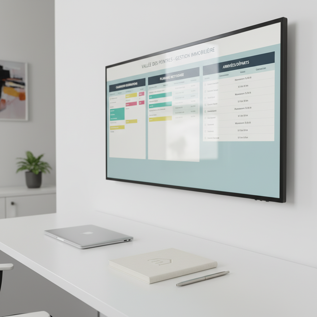 A large, wall-mounted property management dashboard in a minimalist office space, displayed on a sleek monitor showing a clean interface with calendar bookings, cleaning schedules, and check-in times for multiple rentals in the Vallée des Peintres. Below the screen, an uncluttered white desk holds a closed laptop, a notebook with a stylized house icon, and an elegant pen. Soft, neutral artificial lighting provides even illumination, with subtle reflections on the monitor’s surface. Photographic realism, shot at eye level with a slight angle to reveal depth in the room. The atmosphere is controlled, analytical, and highly professional, highlighting behind-the-scenes organization that allows owners to rent their properties with complete serenity.